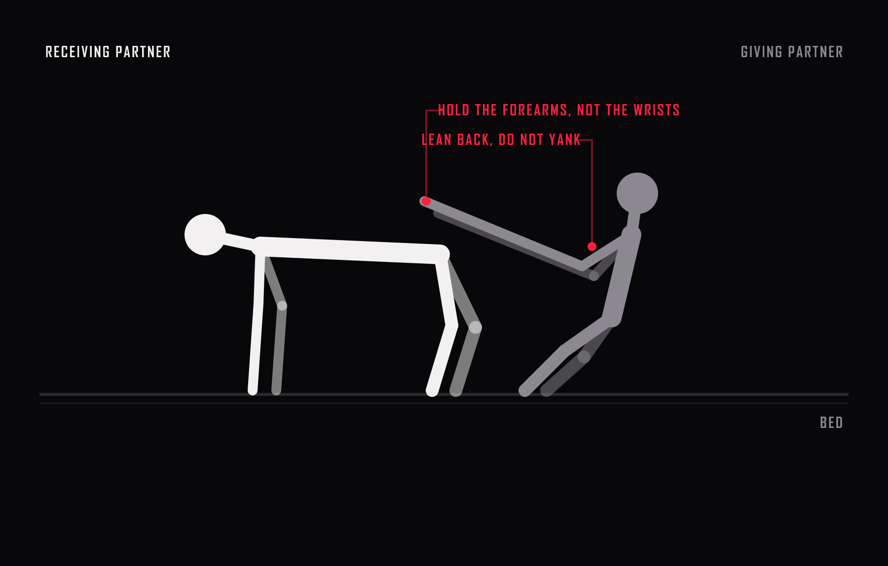 Side view of the bull driver. The receiving partner kneels on all fours while the giving partner kneels upright behind and holds both forearms, leaning back rather than pulling.