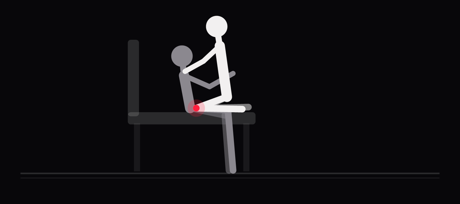 Drawing of a face off variation: the upper partner kneels on the couch cushion, one knee beside each of the seated partner's hips.