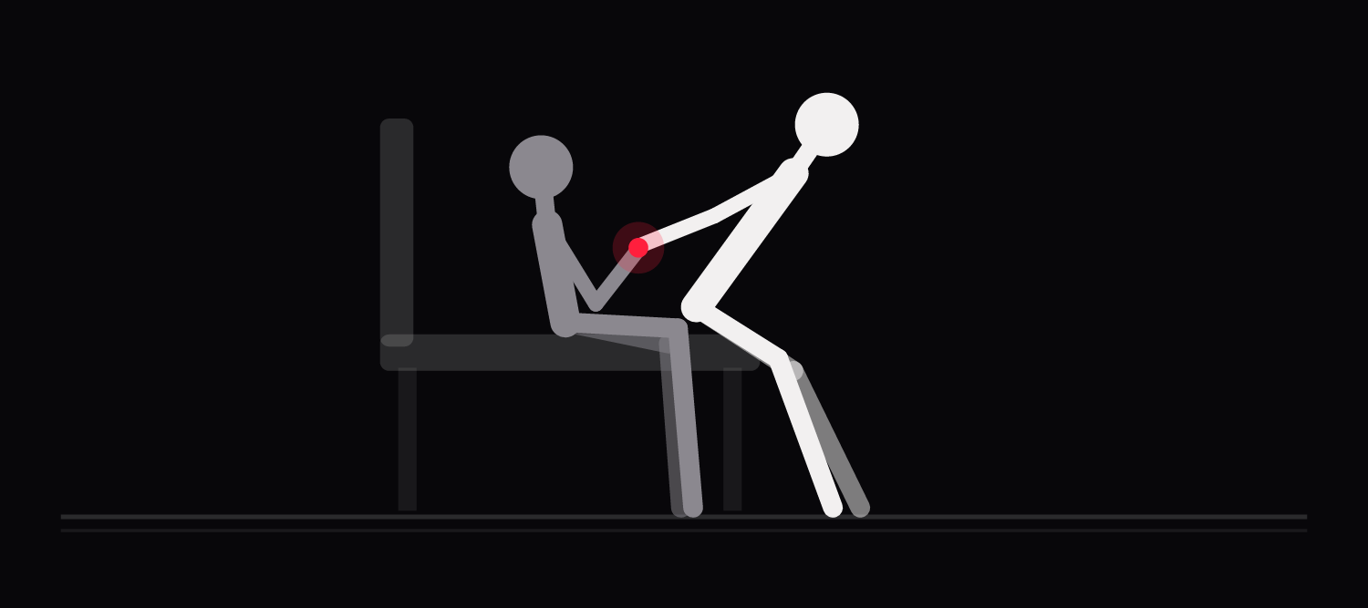 Drawing of a face off variation: forearms gripped, the upper partner tilts backward away from the seated one.