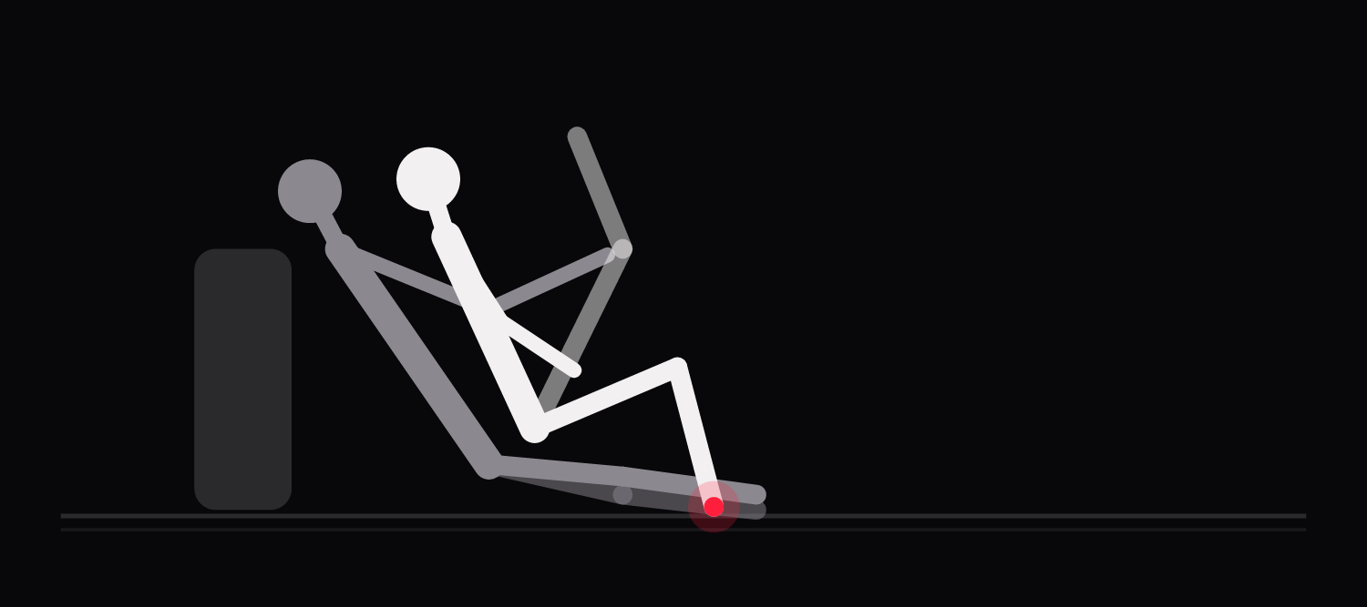 Drawing of a full nelson variation: only one of the rider's legs is hooked up and back, the other foot planted for push.
