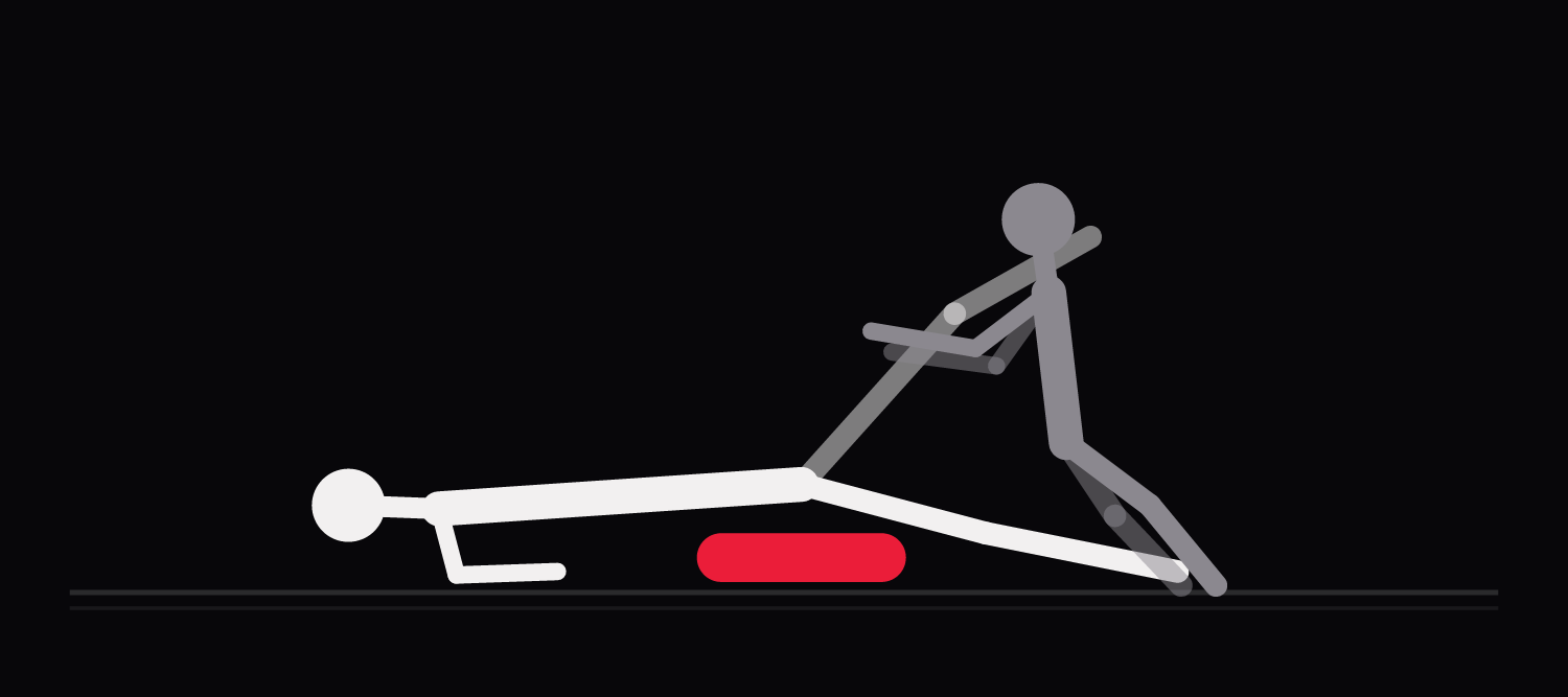 Drawing of a pretzel variation: a dense cushion sits beneath the hip that touches the mattress.