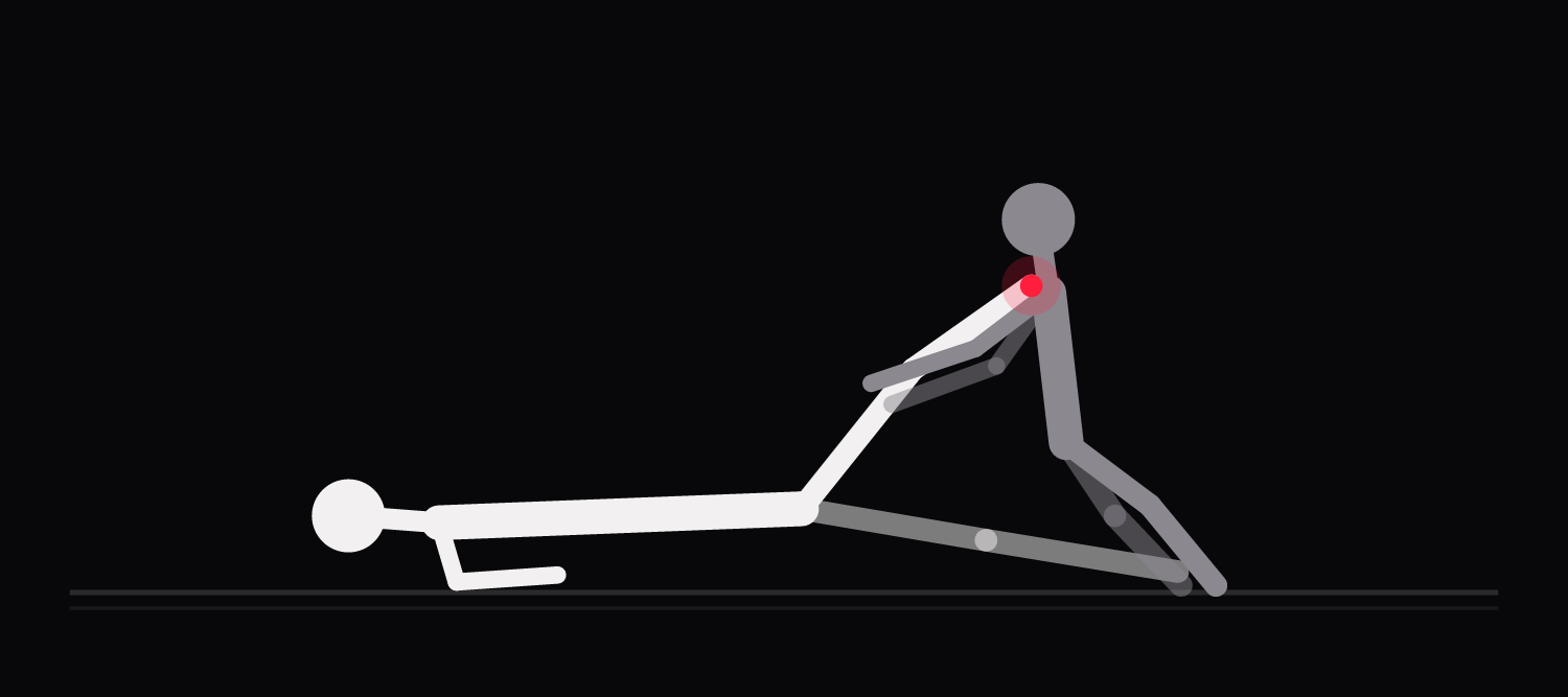 Drawing of a pretzel variation: the upper leg is propped against the kneeling lover's shoulder instead of circling the waist.