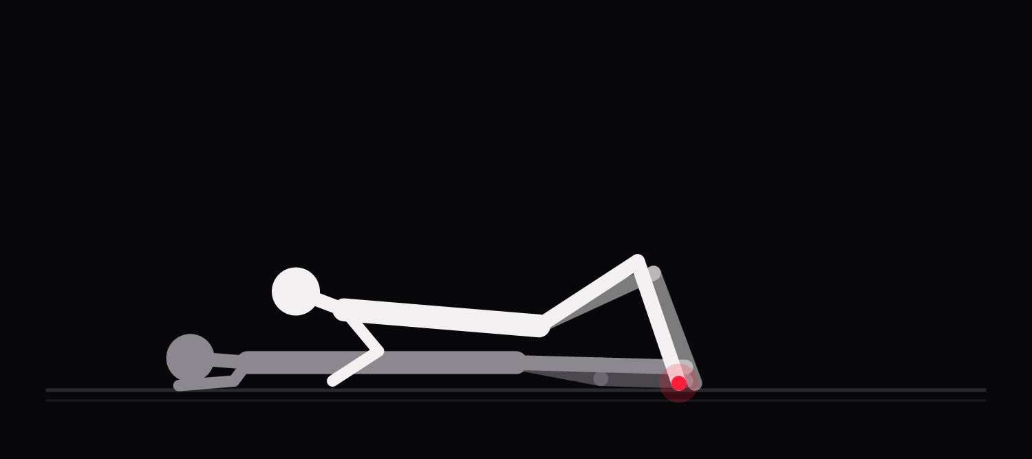 Drawing of a reverse cowgirl variation: the rider reclines fully along the lower partner's torso, both soles pressed into the mattress.
