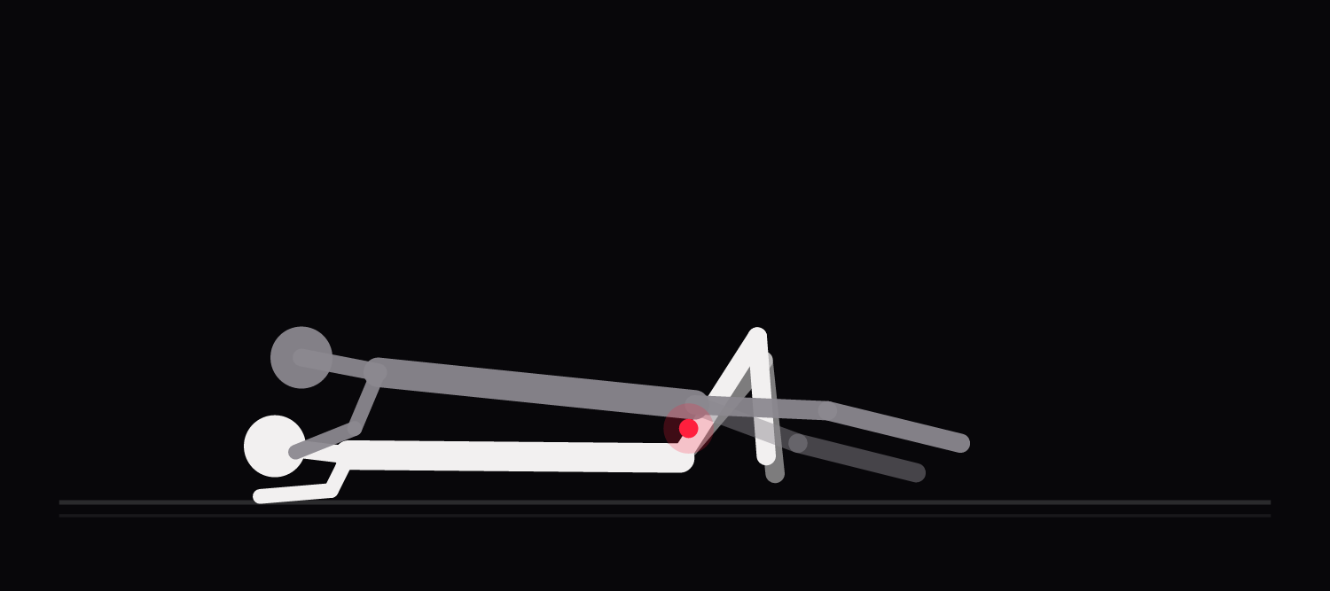 Drawing of a scissor variation: the lower person lies face up, the upper person angled across them so the pelvises meet a little off center.