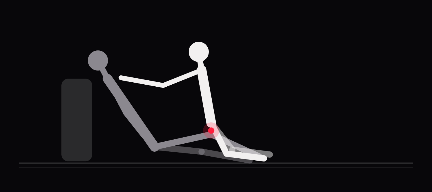 Drawing of a scissor variation: one person reclines against pillows as the other kneels astride a single thigh.