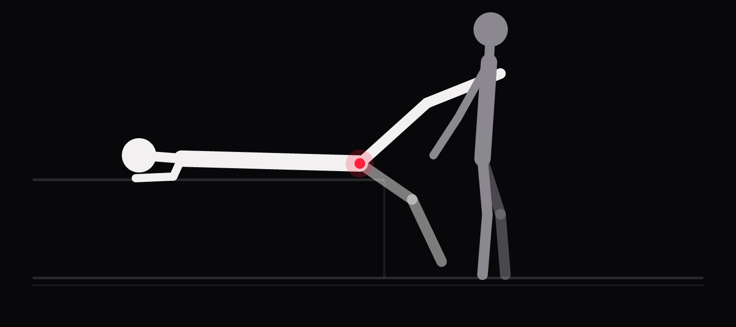 Drawing of a spread eagle variation: the pelvis rests right at the mattress boundary while the other person stands on the floor.